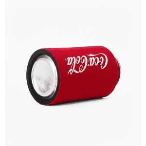 A red stubby cooler without base featuring a logo, designed for holding drink bottles.