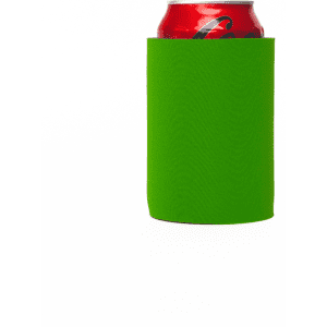 A green stubby cooler holds a can, designed to keep drinks chilled. It features a simple, branded design.