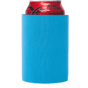 A bright blue stubby cooler holds a red can. The cooler features a simple design and includes a logo.