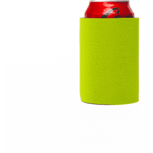 A bright green stubby cooler holding a can, featuring a logo on the surface.
