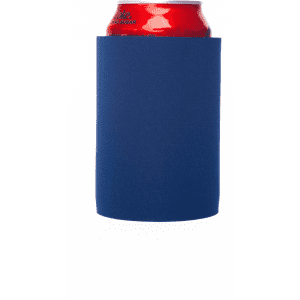 A stubby cooler in navy blue, holding a can, with a plain surface and a logo.