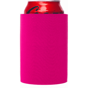 A bright pink stubby cooler holding a can, designed for drinkware. Features a simple, smooth surface.
