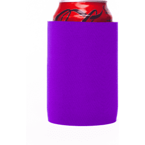 A purple stubby holder without a base, featuring a red drink can inside.
