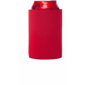 A red stubby cooler designed to fit around a standard drink can, with a smooth exterior and no base.