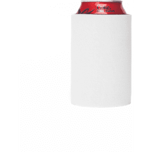 A white stubby holder with a can inside, designed to keep drinks cold. Features a logo.