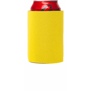 A bright yellow stubby cooler designed to hold a can securely, featuring a smooth surface and a logo.