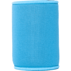 A drink bottle cooler in bright blue neoprene with a smooth finish and a branded logo.