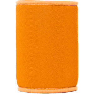 An orange neoprene stubby cooler with a contrasting trim, featuring a logo. Ideal for holding drink bottles.