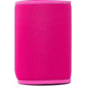 A pink neoprene stubby cooler with a contrasting trim and a logo on one side. Ideal for drinkware.