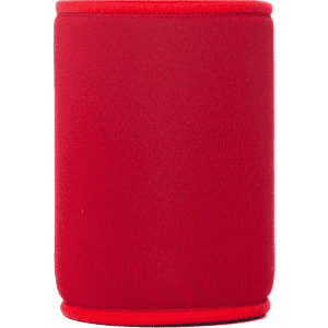 A red neoprene stubby cooler with a seamless design, suitable for holding drink bottles.