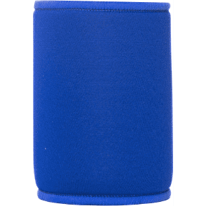 A blue neoprene stubby cooler with a fitted design, featuring a logo on the front.
