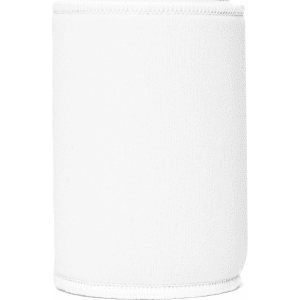 A white neoprene stubby cooler with a seamless design and a branding logo. Ideal for keeping drinks cool.