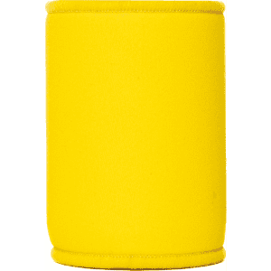 A drink bottle stubby cooler in bright yellow, made from neoprene, with a simple design and a branding logo.