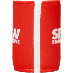 A red stubby holder with a white seam and a logo. Ideal for keeping drinks cool.