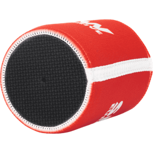 A red stubby holder with a black base and a white accent, featuring a logo.