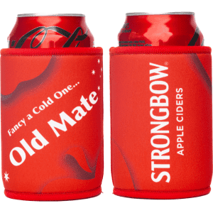 A red stubby holder featuring logos, designed to fit standard drink cans securely.