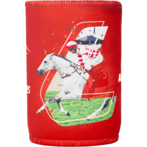 A stubby holder in red featuring an image of a horse and rider, with a logo.