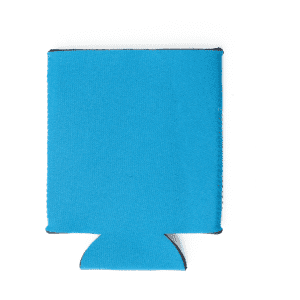 A blue neoprene stubby cooler, collapsible, with a bottom cut-out design. It features a logo.