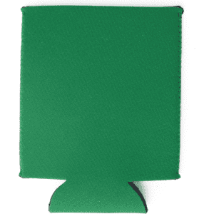 A green neoprene stubby cooler, featuring a collapsible design and a logo. Ideal for keeping drinks cold.