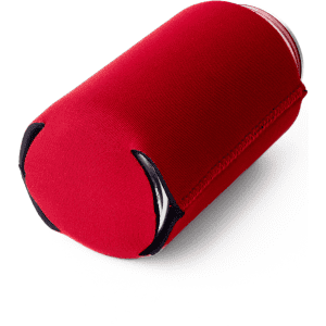 A red neoprene stubby cooler with a black base, designed to hold drink bottles securely.