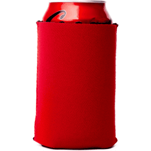A red neoprene stubby cooler holding a drink can, designed for insulation and comfort.