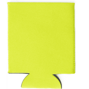 A bright green neoprene stubby cooler with a cutout base, featuring a simple design and a logo.
