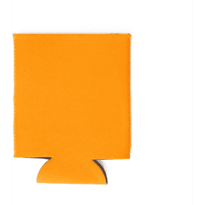 An orange neoprene stubby cooler with a collapsible design, featuring a logo.