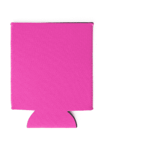 A pink neoprene stubby cooler, designed to fit around drink bottles, with a simple shape and a logo on it.