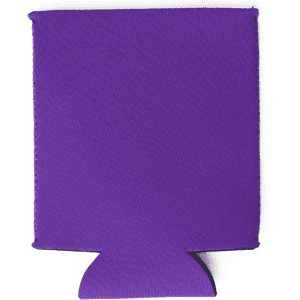 A purple neoprene stubby cooler collapsible with a logo on the front.
