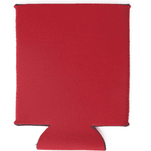 A red neoprene stubby cooler with a collapsible design and a base for holding drink bottles.