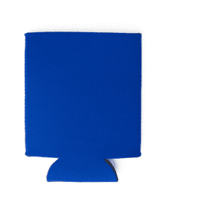 A blue neoprene stubby cooler, collapsible, with a bottom cutout. The item includes a logo.