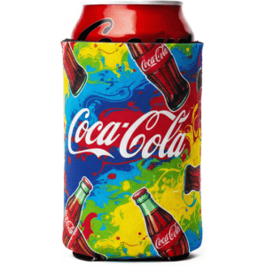 A collapsible stubby cooler in vibrant colours featuring a Coca-Cola design, holding a can.