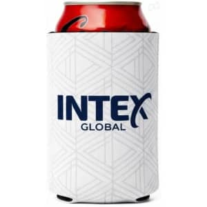 A white collapsible stubby cooler featuring a geometric pattern and a logo, designed to hold a beverage can.
