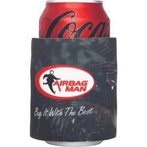 A drink can is nestled in a black stubby cooler featuring a logo and a textured design.