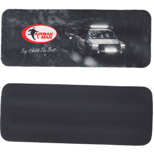 A drink bottle cooler featuring a black textured back and a front design with an image and logo.