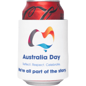 A drink bottle cooler in white featuring a colourful logo and text related to Australia Day.
