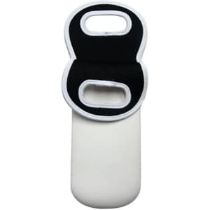 A drink bottle holder in black and white neoprene with two handle cutouts. It features a simple design and has a logo.