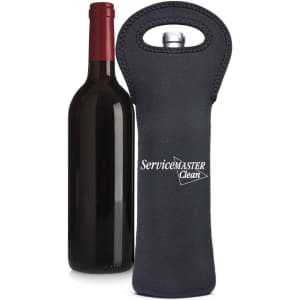 A drink bottle holder in black neoprene with a logo, alongside a dark wine bottle.