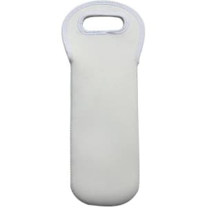A drink bottle holder in white neoprene with a handle, featuring a simple design. It includes a logo.