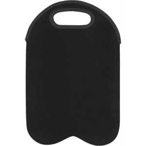 A black neoprene twin wine bottle holder featuring a handle and a sleek design, ideal for keeping bottles cool.