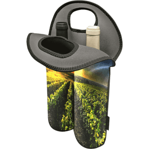 A neoprene twin wine bottle holder in grey and vineyard print, designed for two bottles with cut-out handles.