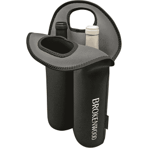 A neoprene twin wine bottle holder in black and grey, featuring a handle and space for two bottles.