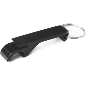 A black aluminium bottle opener keyring featuring a simple, sleek design and a silver keyring attachment.