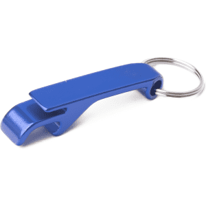 A blue aluminium keyring bottle opener with a silver keyring attachment.