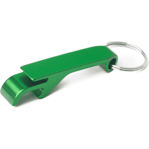 A green aluminium keyring bottle opener with a sleek design and a silver keyring attachment.