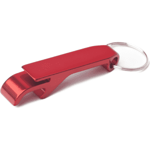 A red aluminium bottle opener keyring featuring a sleek design and a metal keyring attachment.