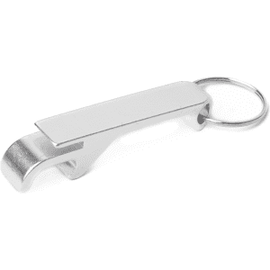 A drink bottle opener keyring in shiny silver metal, featuring a sleek design and a keyring attachment.