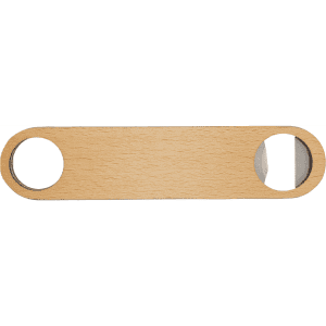 A drink bottle opener made from bamboo, featuring a natural wood finish and a metal blade. Includes an unlabelled logo.