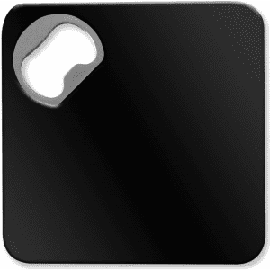 A drink bottle opener and coaster in sleek black with a rounded corner for easy bottle opening. Features a logo.