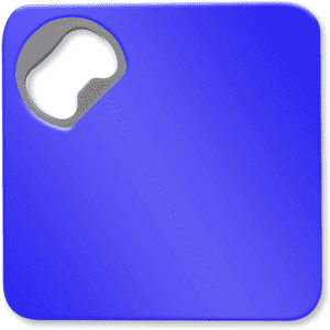 A drink bottle opener designed as a square coaster, featuring a vibrant blue colour with a metal opener.